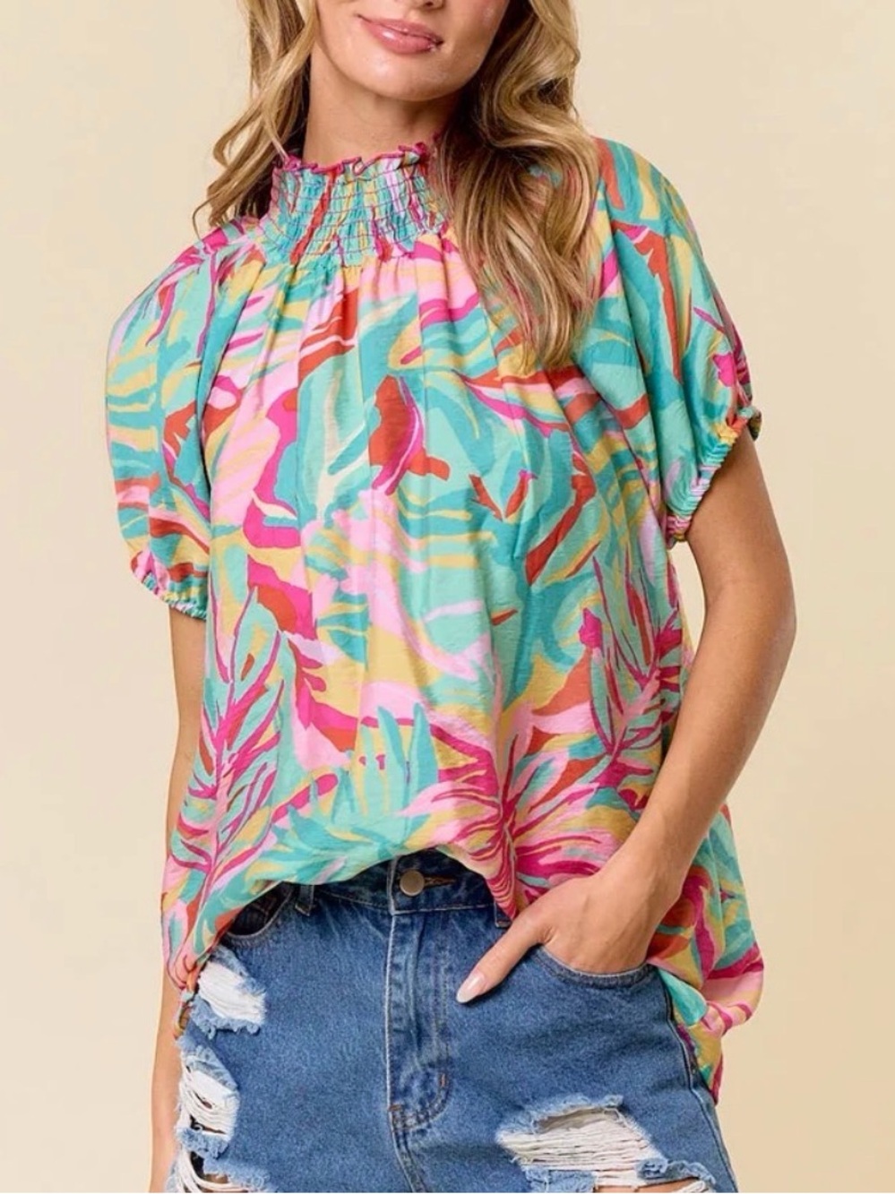 Lovely Melody Tropical Print Puff Sleeve blouse L